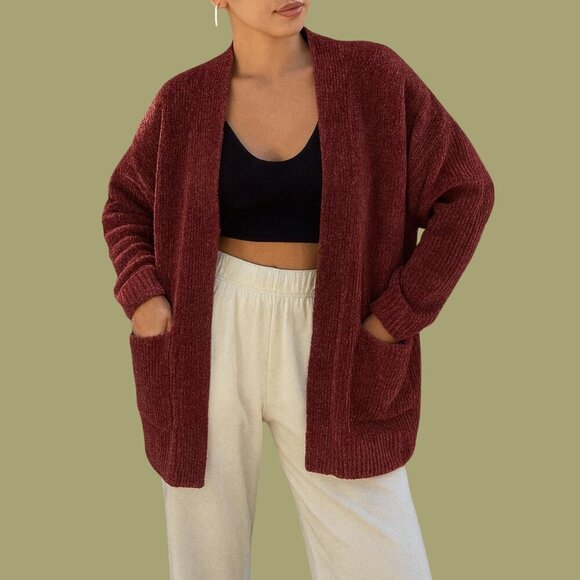 Rich Burgundy Plush Open-Front Chenille Cardigan (Revamped) — Size L - Picture 1 of 6